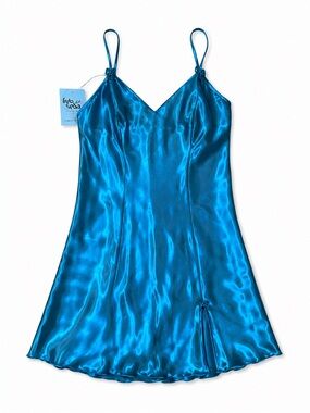 Vintage Y2K Fruto Da Seda Teal Blue High Shine Satin Slip Dress Lingerie NWT